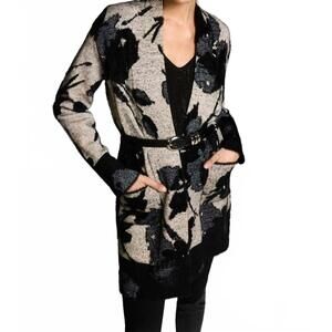 NEW JOSEPH RIBKOFF women's abstract jacquard cardigan in champagne/black